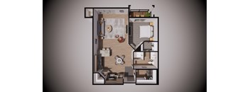A floor plan of a small apartment with a kitchen, living room, and bathroom.