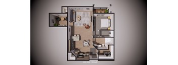 A 3D rendered image of a floor plan for a residential unit.