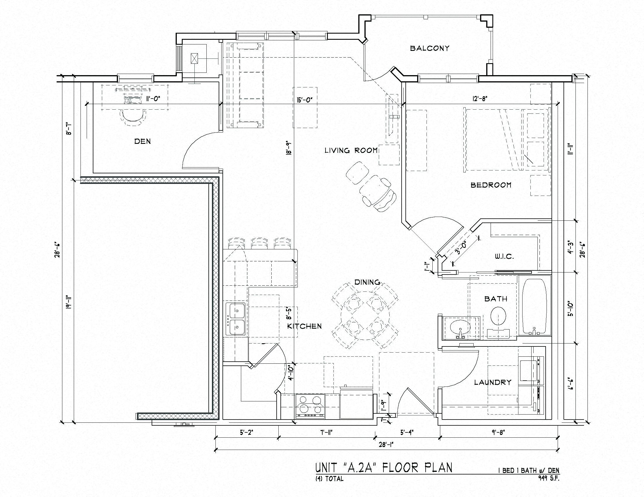 A floor plan of an apartment with a den, living room, kitchen, dining room, bathroom, and laundry room.