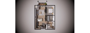 A 3D floor plan of a house with a kitchen, living room, and bathroom.