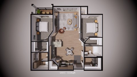 A 3D rendered image of a small apartment layout.