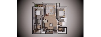 A 3D rendered image of a small apartment layout.