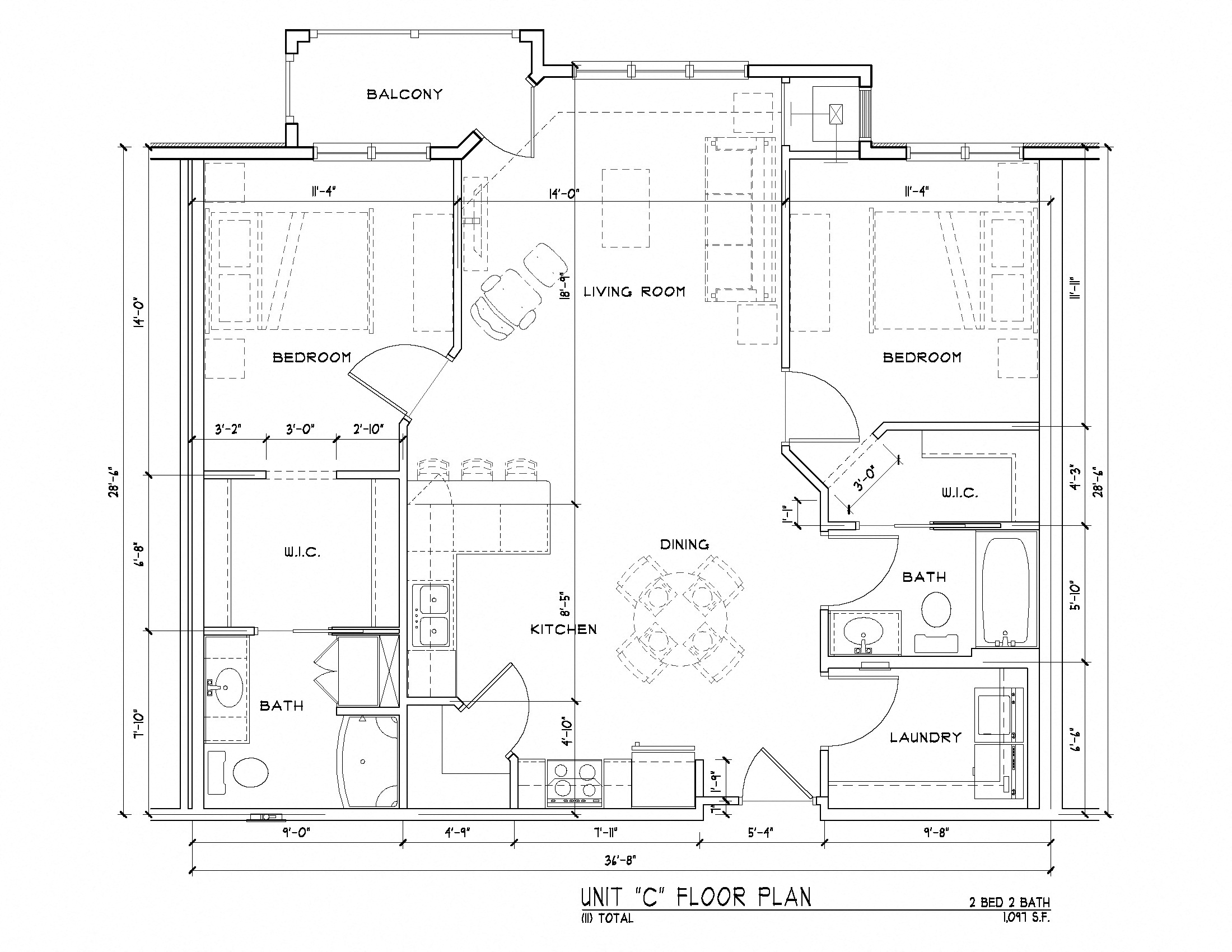 A floor plan of a 2 bedroom, 2 bathroom total of 1070 square feet.