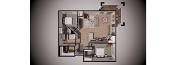A 3D rendered image of a house layout.