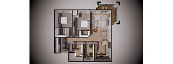 A 3D floor plan of a house with multiple rooms and furniture.