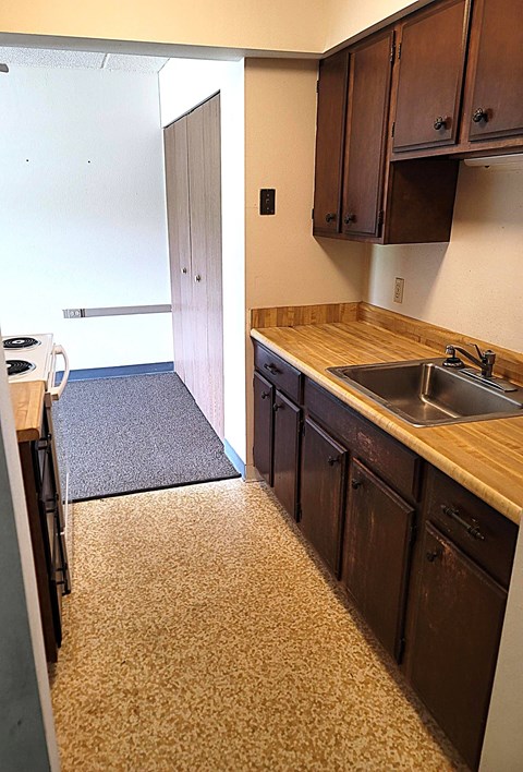 A kitchen with a sink and cabinets.