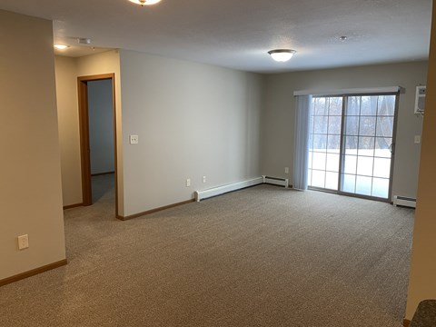 A room with carpeted floor, a door, and a window with blinds.