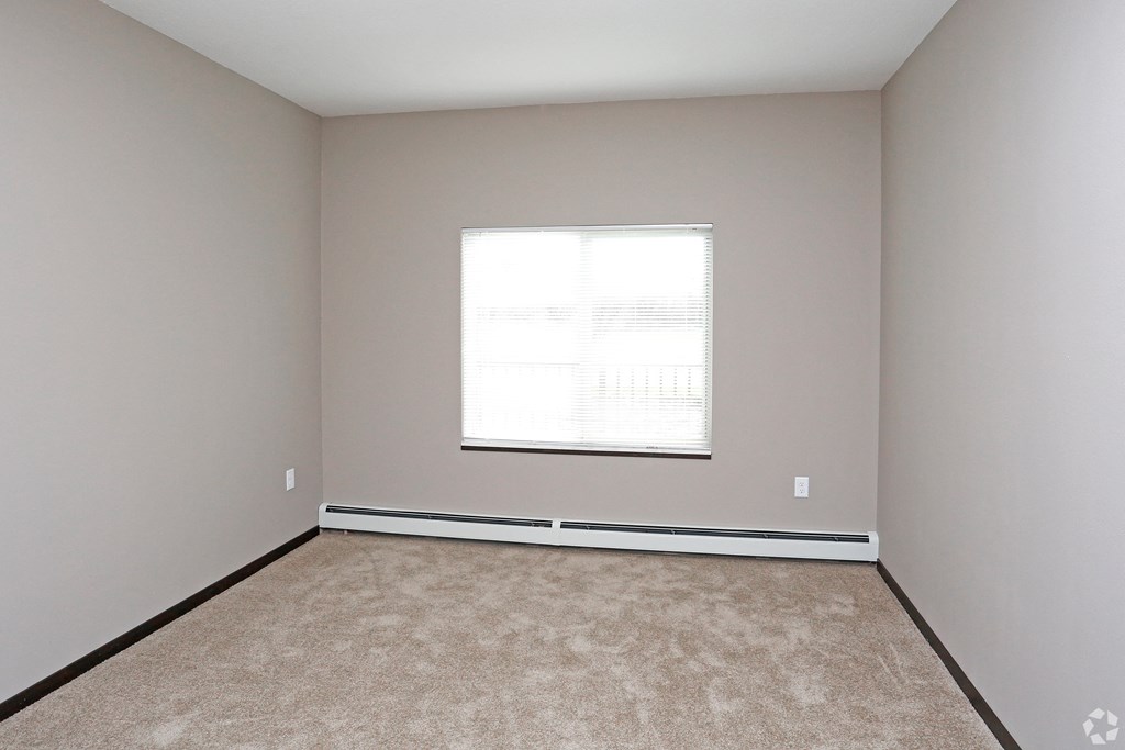 an empty room with a window and carpet