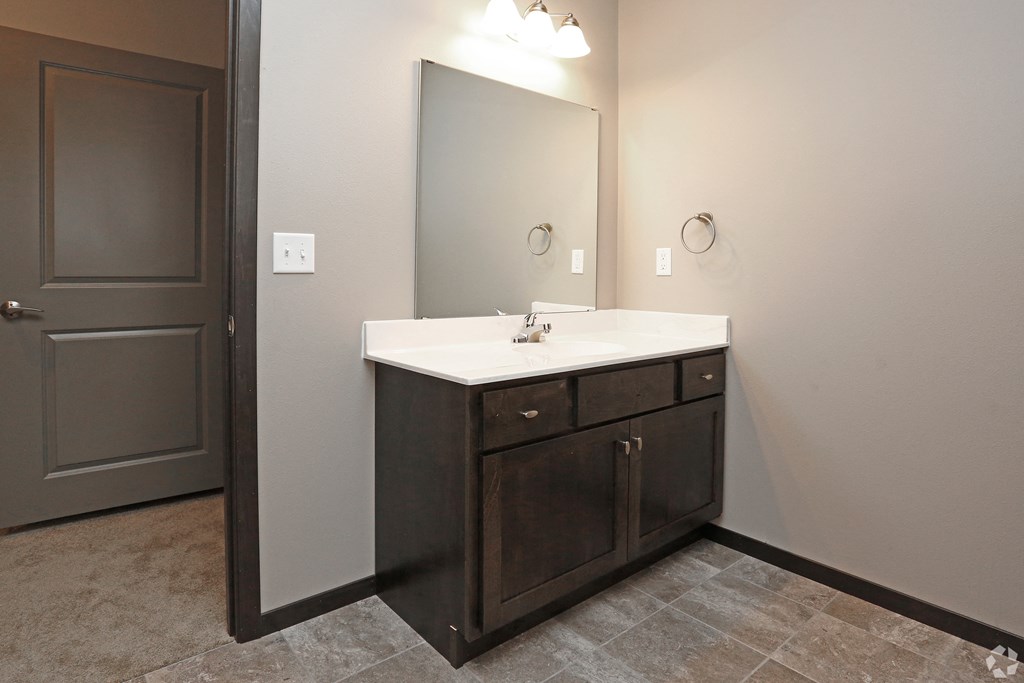 a bathroom with a sink and a mirror and a door