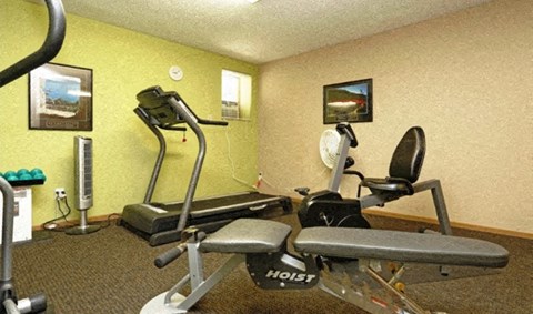 A home gym with a treadmill, exercise bike, and weights.