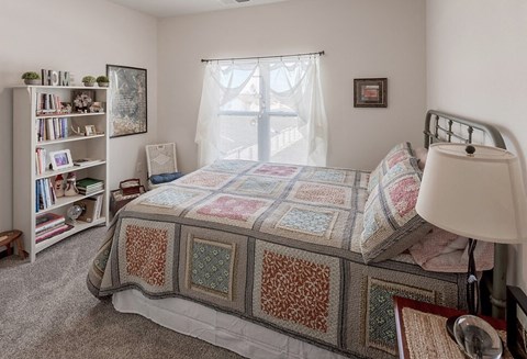 a bedroom with a bed and a window and a book shelf