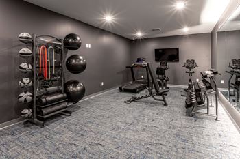 A room with a blue carpet and exercise equipment.