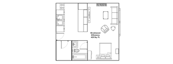 A floor plan of a 425 square foot efficiency apartment by Brookwood Efficiency.