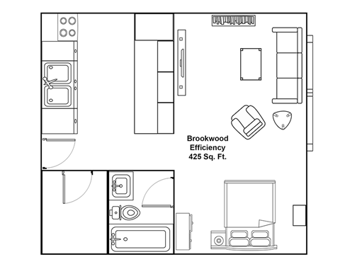 A floor plan of a 425 square foot efficiency apartment by Brookwood Efficiency.