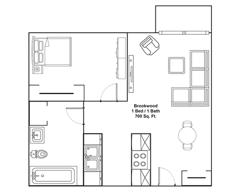 A floor plan of a Brookwood 1 Bed / 1 Bath 700 Sq. Ft. is shown.