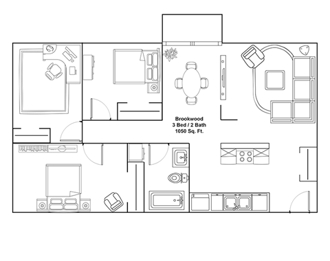 A floor plan of a Brookwood apartment with 3 bedrooms and 2 bathrooms.