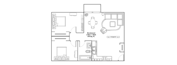 A floor plan of a Brookwood 2 Bed 1 Bath 970 sq. Ft.