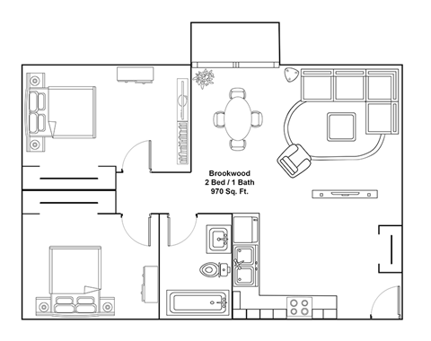A floor plan of a Brookwood 2 Bed 1 Bath 970 sq. Ft.