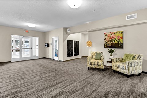 an illustration of the lobby of a building with the word on it