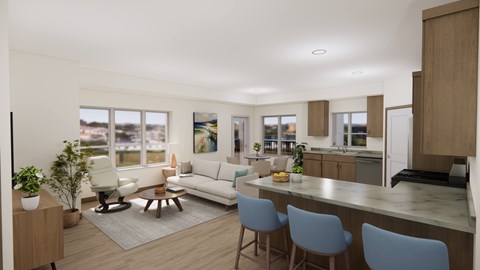 A modern kitchen with a dining table and chairs.