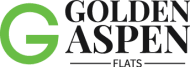 A logo with the words "Golden Aspen Flats" in green and black.