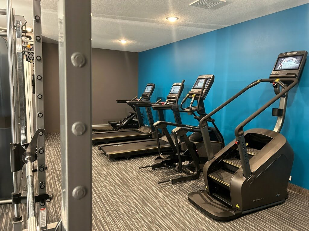a row of exercise equipment in a gym with cardio machines