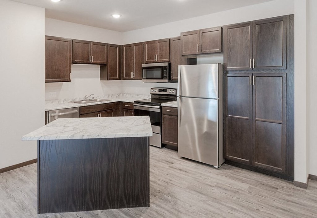 a kitchen with stainless steel appliances and wooden cabinets