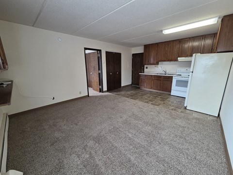 A kitchen area with a refrigerator, oven, and sink.