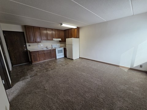 A kitchen area with a white stove and brown cabinets.