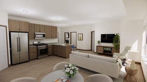 A modern kitchen with a dining table and chairs.