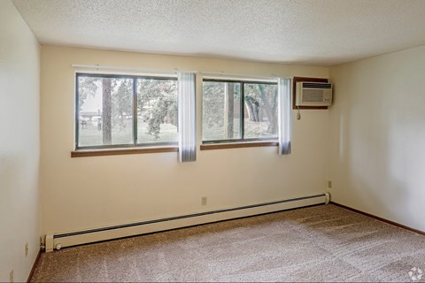 A room with a window and a carpeted floor.
