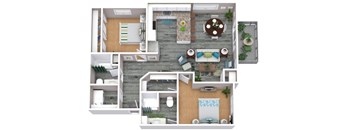 A top-down view of a house layout with a kitchen, living room, dining room, and bathroom.