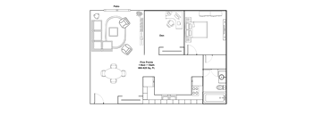 A floor plan of a Pine Pointe property showing a patio, den, and bedroom.