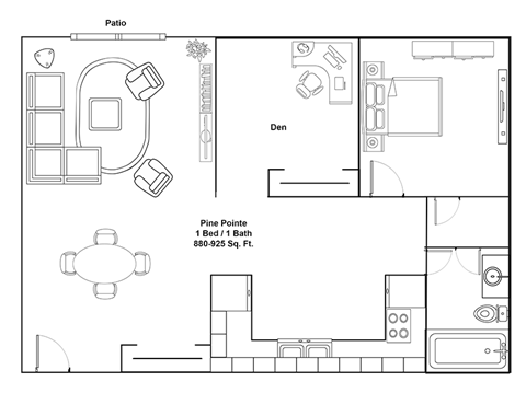 A floor plan of a Pine Pointe property showing a patio, den, and bedroom.