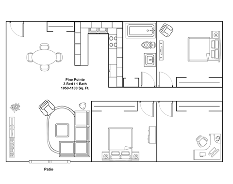 A floor plan of a Pine Pointe property with 3 bedrooms and 1 bathroom.