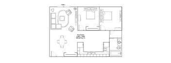 A floor plan of a two bedroom apartment with a patio.