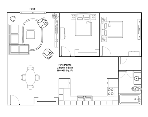 A floor plan of a two bedroom apartment with a patio.
