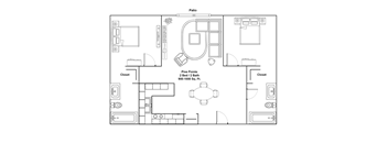 A floor plan of a 2 bedroom, 2 bathroom apartment measuring 500-1000 sq. ft.