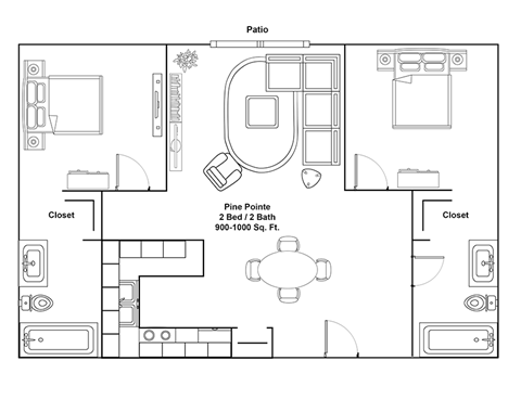 A floor plan of a 2 bedroom, 2 bathroom apartment measuring 500-1000 sq. ft.