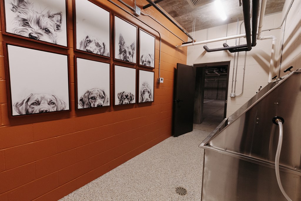 a hallway with pictures of dogs on the wall and a stainless steel refrigerator