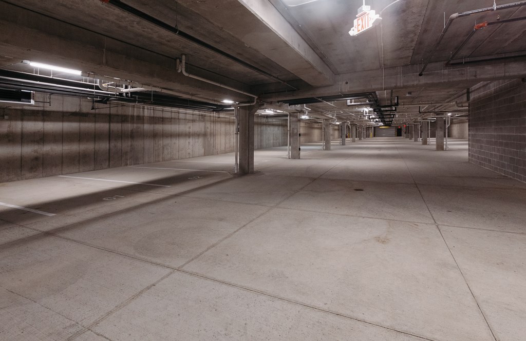 the inside of a parking garage in a building