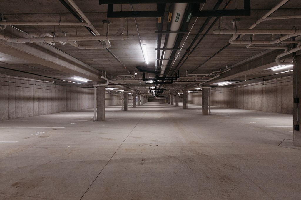 the inside of an empty parking garage