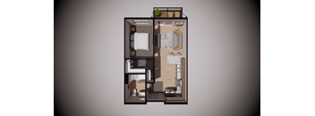A 3D rendered image of a small apartment layout.