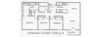 A floor plan of a 1240 sq ft home with three bedrooms and one and a half baths.
