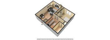 A 3D floor plan of a house with a living room, kitchen, and two bedrooms.