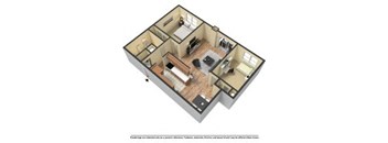 A 3D floor plan of a house with a living room, kitchen, and two bedrooms.