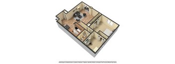 A 3D floor plan of a house with a living room, kitchen, dining room, and bedrooms.