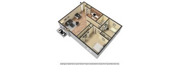 A 3D image of a house layout with a kitchen, living room, dining room, and two bedrooms.