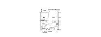 A floor plan of a house with a kitchen, living room, and two bedrooms.
