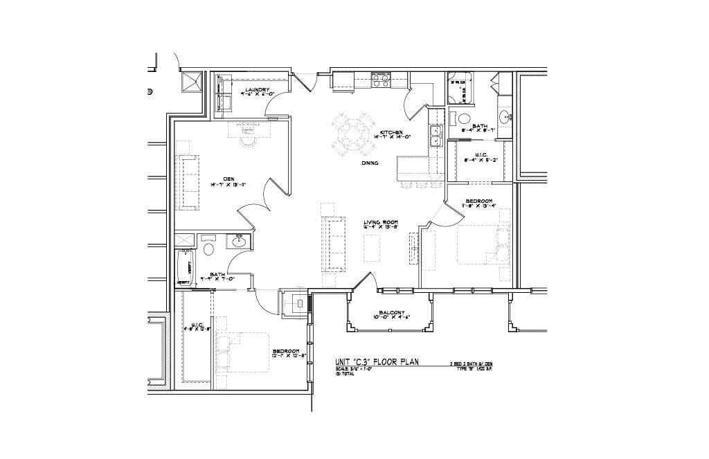 A floor plan of a house with a kitchen, living room, and two bedrooms.